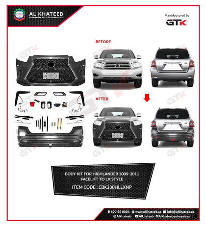 GTK Car Body Kit For Highlander 2009-2011 Facelift To LX Style, No Paint