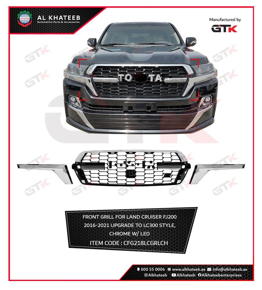 GTK Front Grille For Land Cruiser FJ200 Upgrade To Land Cruiser Lc300 Style, Chrome With LED