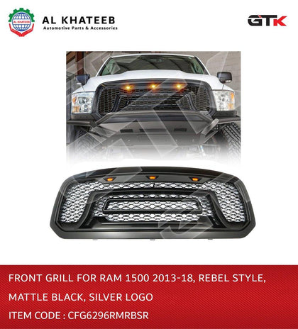 Front Grill for RAM 1500 2013-2018 Rebel Style Mattle Black Silver Logo