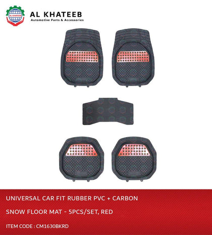 Universal Car Fit Rubber PVC + Carbon Snow Floor Mat - 5Pcs/Set, Red
