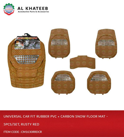 Universal Car Fit Rubber PVC + Carbon Snow Floor Mat - 5Pcs/Set, Rusty Red