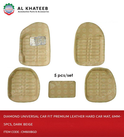 Diamond Universal Car Fit Premium Leather Hard Car Mat, 6Mm- 5Pcs, Dark Beige