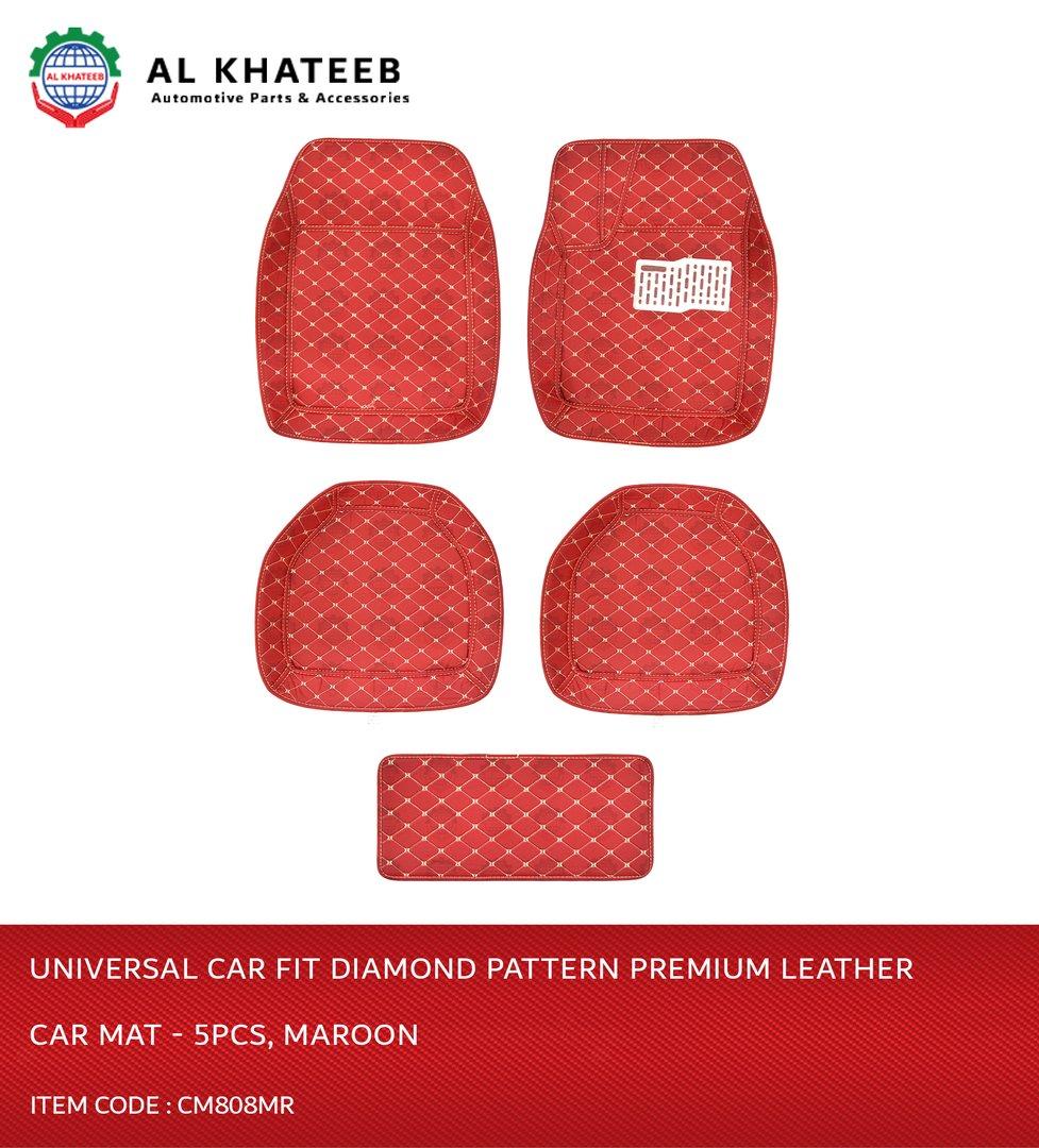 Diamond Pattern Universal Car Fit Premium Leather Car Mat - 5Pcs, Maroon