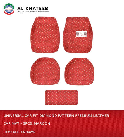 Diamond Pattern Universal Car Fit Premium Leather Car Mat - 5Pcs, Maroon