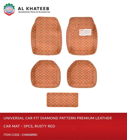 Diamond Pattern Universal Car Fit Premium Leather Car Mat - 5Pcs, Rusty Red