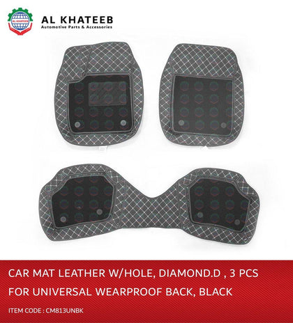 Universal Car Fit Wearproof Leather Car Mat, Diamond, 3Pcs, Black