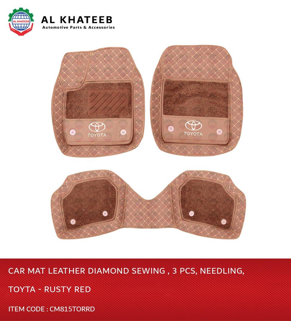 Al Khateeb Toyota Universal Car Floor Mat Leather Diamond Sewing , 3Pcs, Needling, Rusty Red