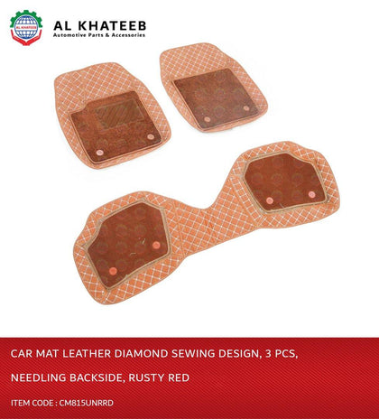 Universal Car Floor Mat Leather Diamond Sewing , 3PCS, Needling Backside, Rusty Red