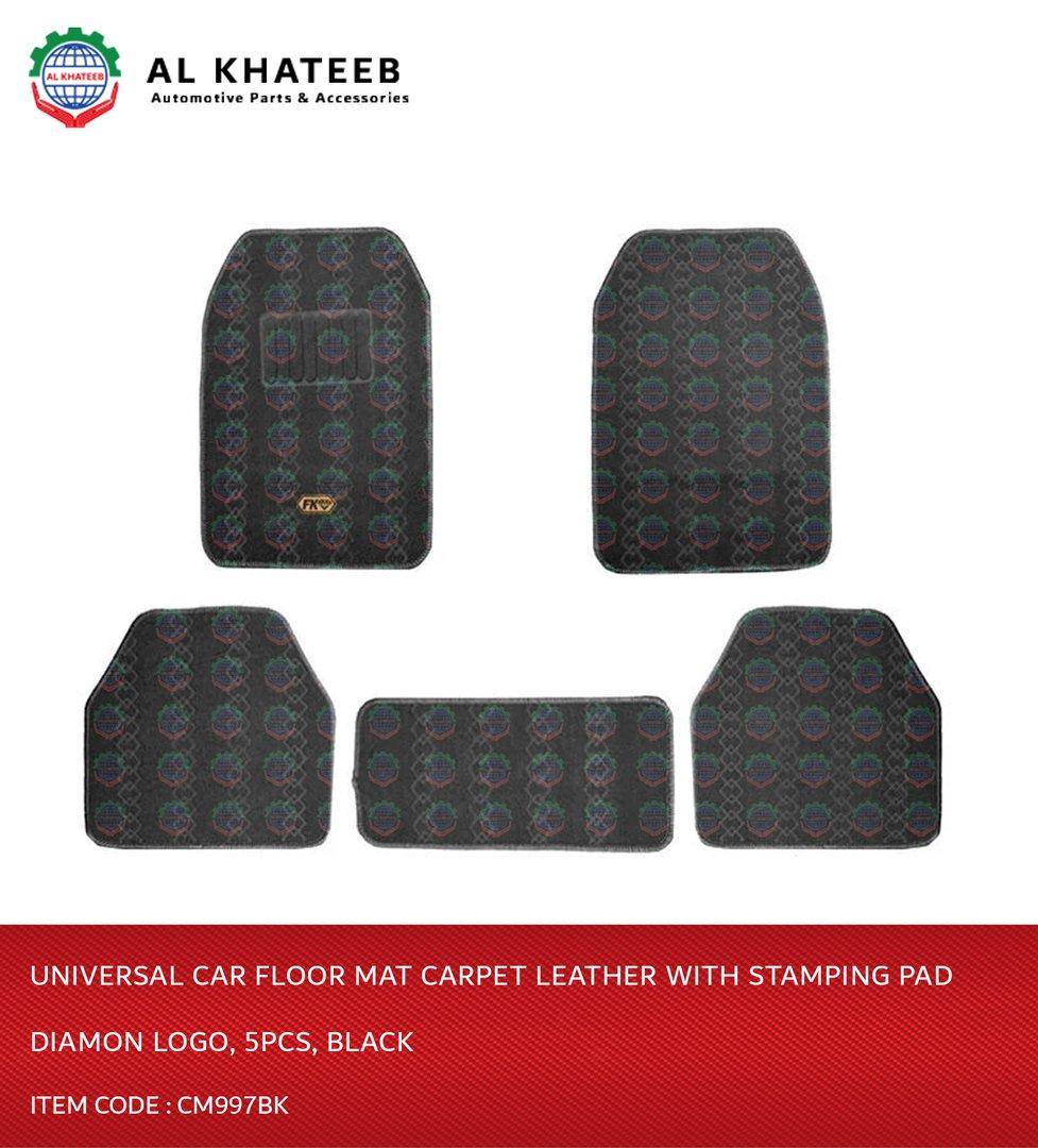 Universal Car Floor Mat Carpet Leather With Stamping Pad Diamon Logo, 5Pcs, Black