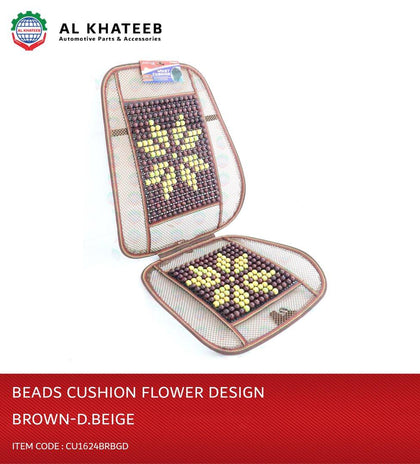 Universal Car Wooden Beads Cushion Seat Cover Flower Design, Brown Dark-Beige