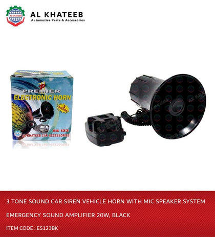 Car Siren Vehicle Horn With Mic Speaker System Emergency Sound Amplifier 20W, 3 Tone Sound, Black