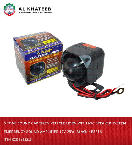 6 Tone Sound Car Siren Vehicle Horn With Mic Speaker System Emergency Sound Amplifier 12V 25W, Black - Es216