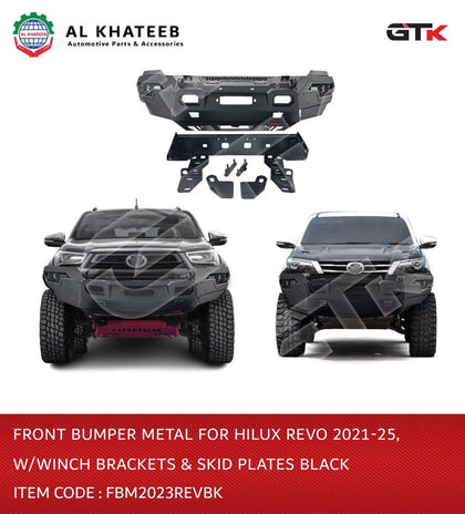 FRONT BUMPER METAL FOR HILUX REVO 2021-25, W/WINCH BRACKETS & SKID PLATES BLACK