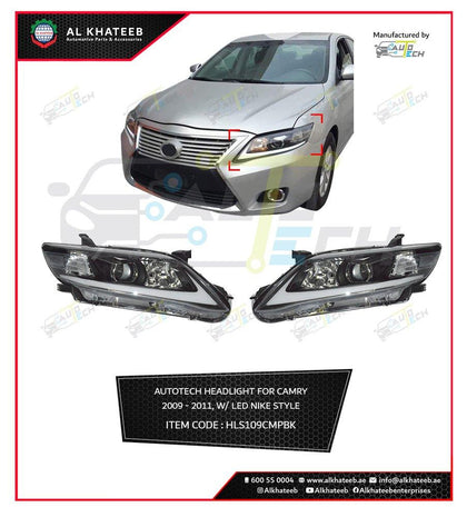 AutoTech Car Headlight Camry 2007-2011 With LED Nike Style, 2Pc/Set Black Housing