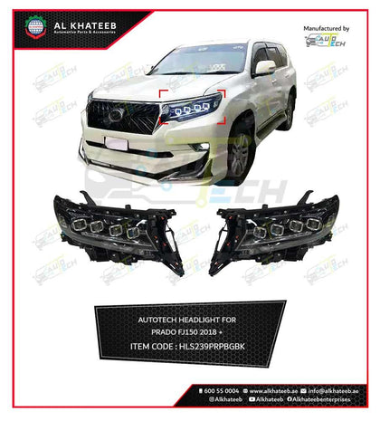Car LED Headlight With Dynamic Turning Signal With Wires Prado FJ150 2018+ 2Pcs Black