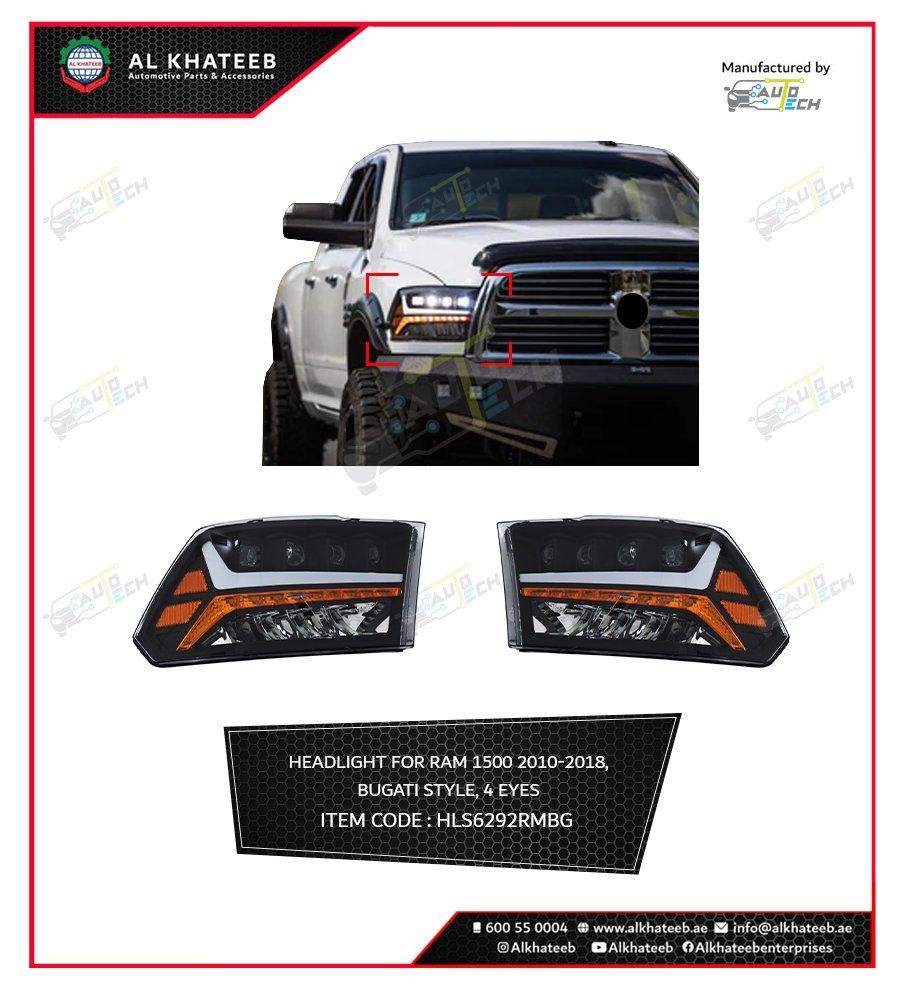 AutoTech Car Headlights Full LED Sequential Quad Projector Signal Amber Reflector Ram 1500, Black Housing 2Pcs/Set, Bugati Style
