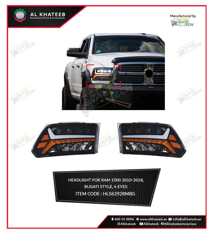 AutoTech Car Headlights Full LED Sequential Quad Projector Signal Amber Reflector Ram 1500, Black Housing 2Pcs/Set, Bugati Style
