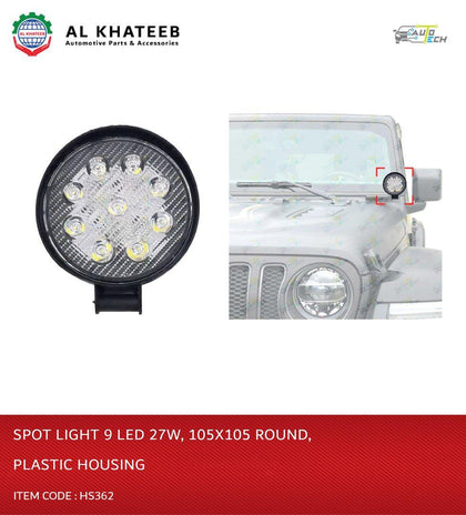 Universal Car 4Inch Fog Spot Light 9 LED White Color Round Mini Type 27W, Black Plastic Housing 12V 105X105Cm