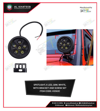 Al Khateeb Universal Car Spot Light 6 LED White Truck Jeep, Off-Road 8W With Bracket & Screw Set