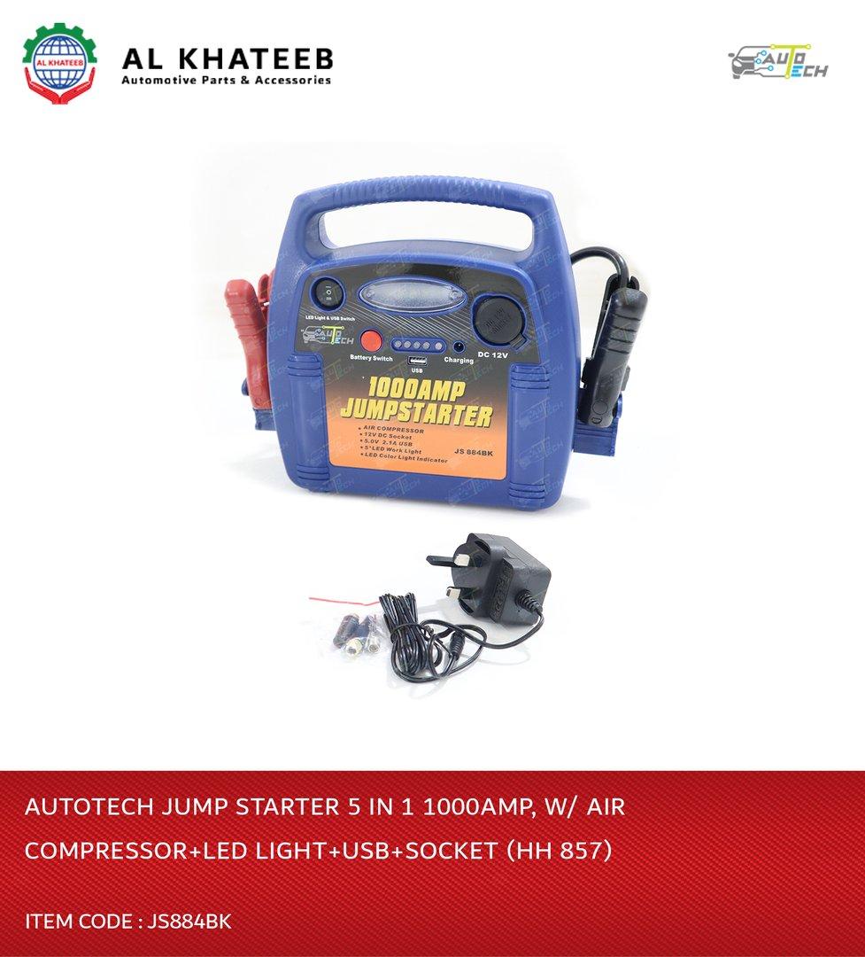 AutoTech Universal Car Jump Starter 5In1 1000Amp With Air Compressor, LED Emergency Light, Usb And Socket, Black