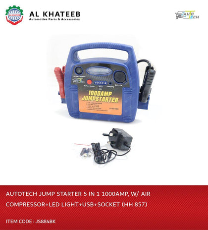 AutoTech Universal Car Jump Starter 5In1 1000Amp With Air Compressor, LED Emergency Light, Usb And Socket, Black