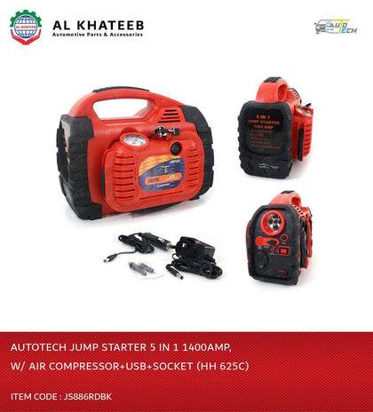 Auto-Tech Universal Car Jump Starter 5In1 1400Amp With Air Compressor, Led Emergency Light, Usb And Socket, Red Black