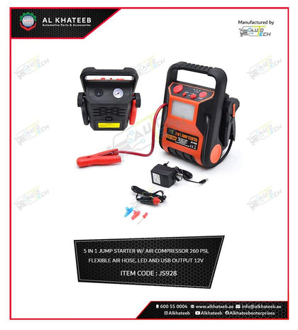 Universal Car Portable 5In1 Jump Starter With Air Copressor 12V 10Ah