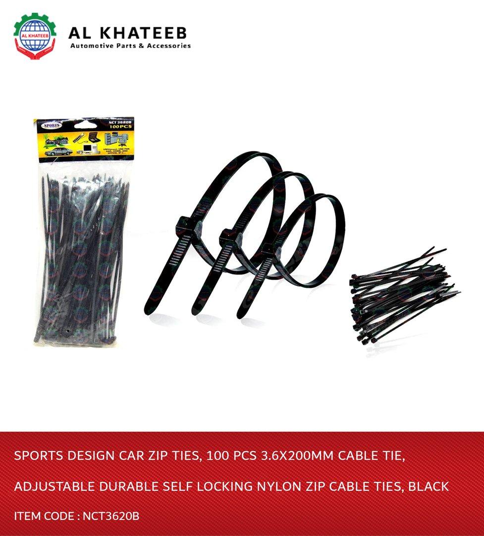 Sports Design Car Zip Ties, 100 Pcs 3.6X200Mm Cable Tie, Adjustable Durable Self Locking Nylon Zip Cable Ties, Black