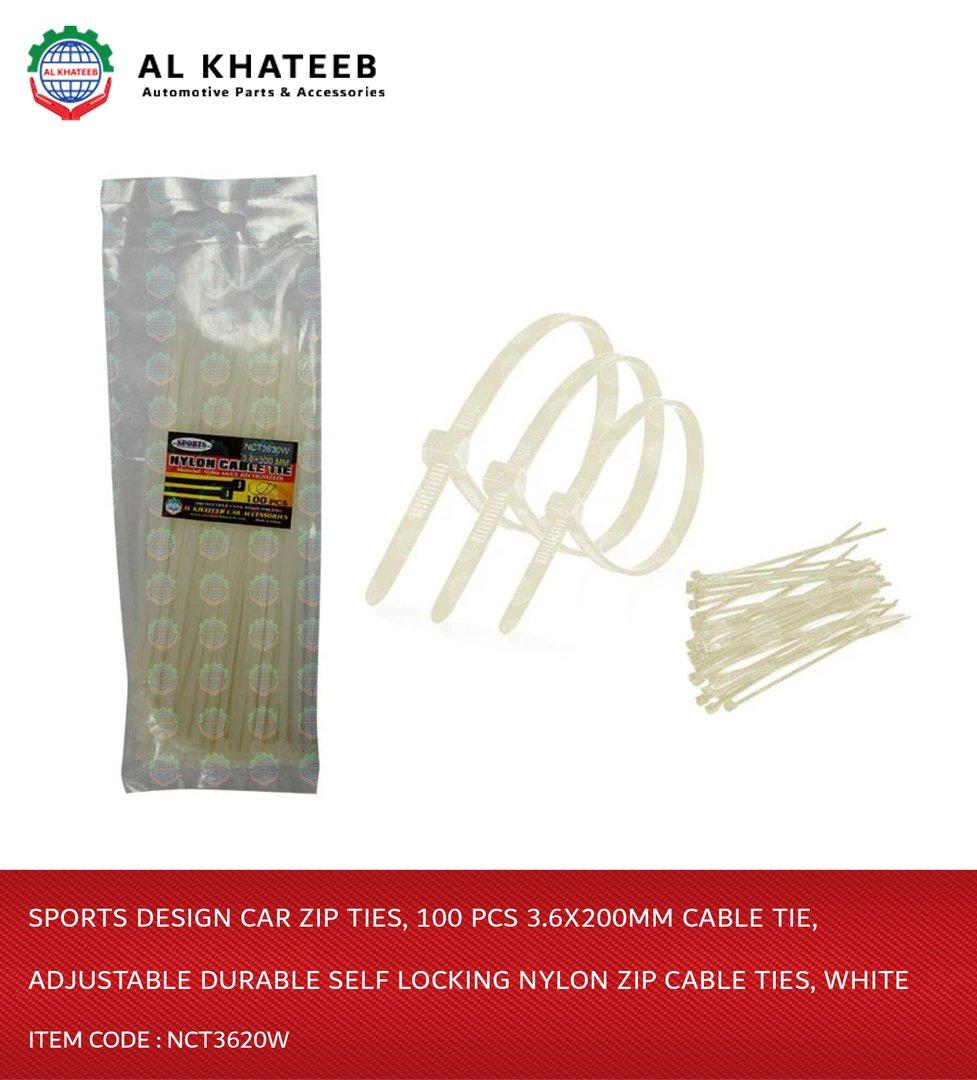 Sports Design Car Zip Ties, 100 Pcs 3.6X200Mm Cable Tie, Adjustable Durable Self Locking Nylon Zip Cable Ties, White
