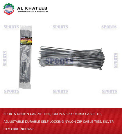 Sports Design Car Zip Ties, 100 Pcs 3.6X370Mm Cable Tie, Adjustable Durable Self Locking Nylon Zip Cable Ties, Silver