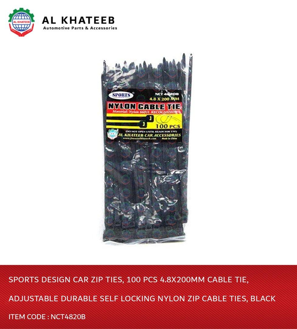 Sports Design Car Zip Ties, 100 Pcs 4.8X200Mm Cable Tie, Adjustable Durable Self Locking Nylon Zip Cable Ties, Black