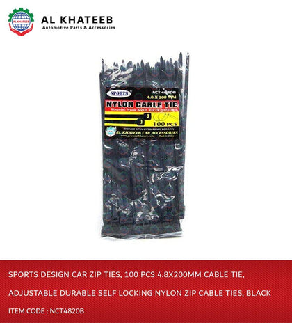 Sports Design Car Zip Ties, 100 Pcs 4.8X200Mm Cable Tie, Adjustable Durable Self Locking Nylon Zip Cable Ties, Black