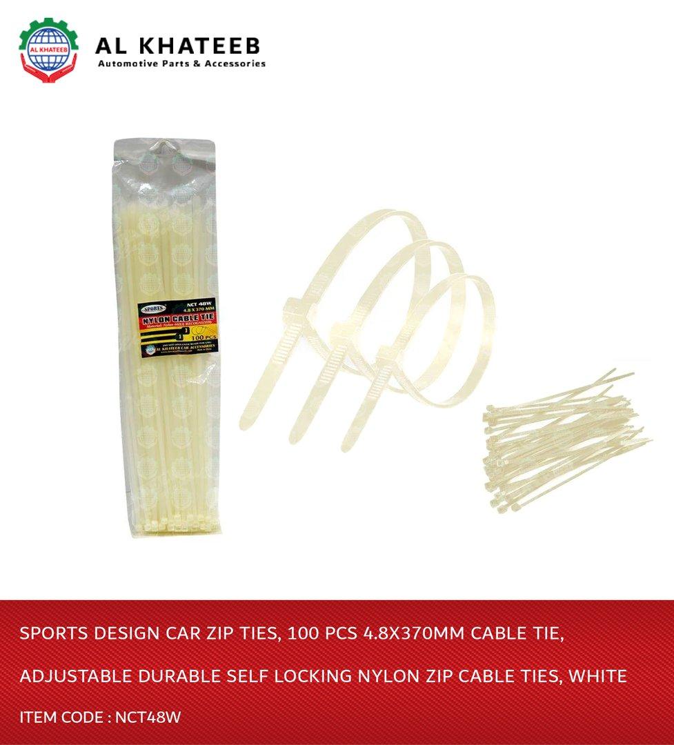 Sports Design Car Zip Ties, 100 Pcs 4.8X370Mm Cable Tie, Adjustable Durable Self Locking Nylon Zip Cable Ties, White