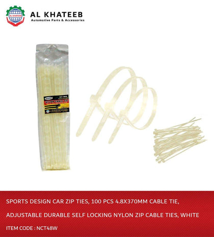 Sports Design Car Zip Ties, 100 Pcs 4.8X370Mm Cable Tie, Adjustable Durable Self Locking Nylon Zip Cable Ties, White