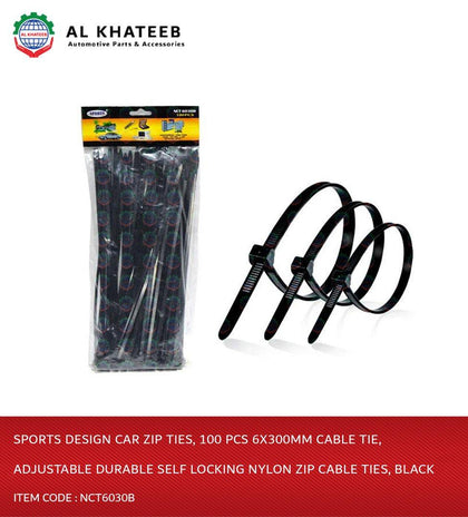 Sports Design Car Zip Ties, 100 Pcs 6X300Mm Cable Tie, Adjustable Durable Self Locking Nylon Zip Cable Ties, Black