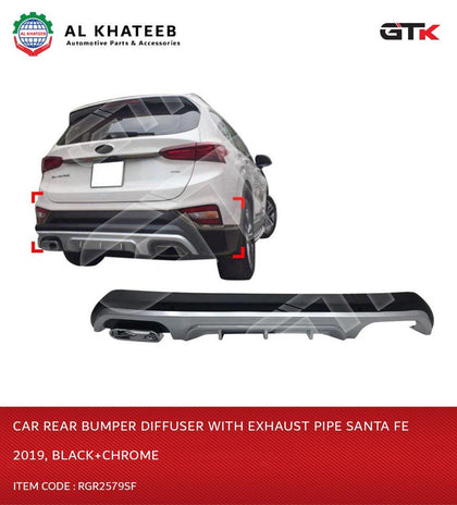 Car Rear Bumper Diffuser With Exhaust Pipe Santa Fe 2019, Black+Chromoe