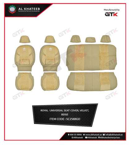 GTK Universal Car Seat Cover Leather With Diamond Velvet Embroidery, 11Pcs Set, 5 Seater, Dark Beige