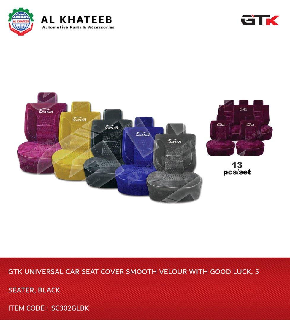 Universal Car Seat Cover Smooth Velour With Good Luck, 5 Seater, Black