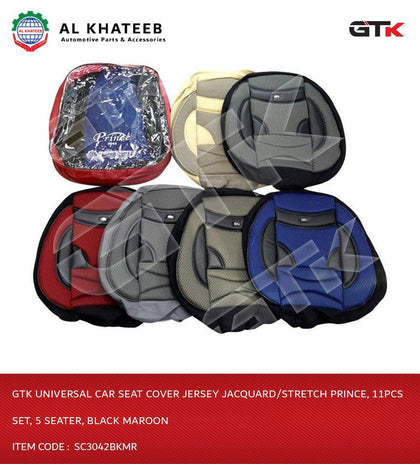 Universal Car Seat Cover Jersey Jacquard/Stretch Prince, 11Pcs Set, 5 Seater, Black Maroon