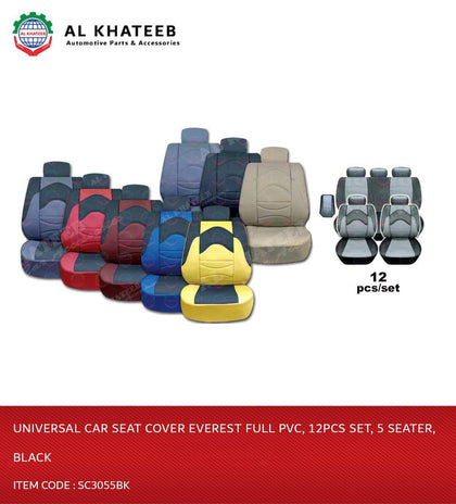 Universal Car Seat Cover Everest Full PVC, 12Pcs Set, 5 Seater, Black