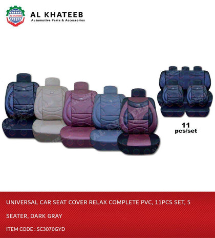 Universal Car Seat Cover Relax Complete PVC, 11Pcs Set, 5 Seater, Dark Gray