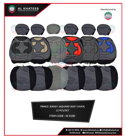 Universal Car Seat Cover Pvc Leather Prince Jersey Jacquard, 11Pcs, 5 Seater, Black-Red