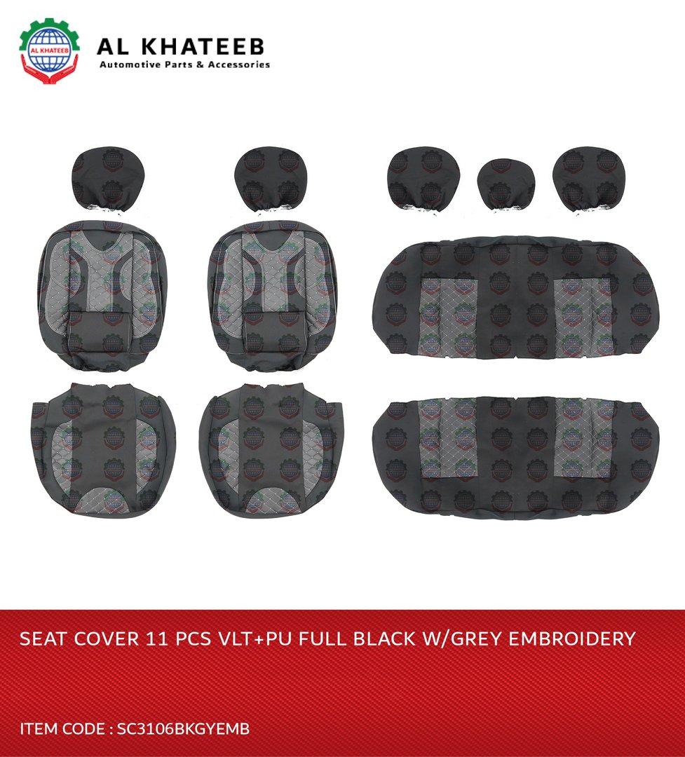 Auto Universal Car Seat Cover Velvet+PU, 11PCS, 5 Seater, Full Black With Maroon Embroidery 3106