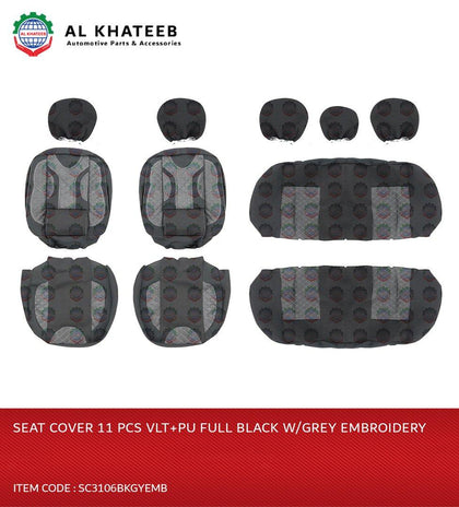 Auto Universal Car Seat Cover Velvet+PU, 11PCS, 5 Seater, Full Black With Maroon Embroidery 3106