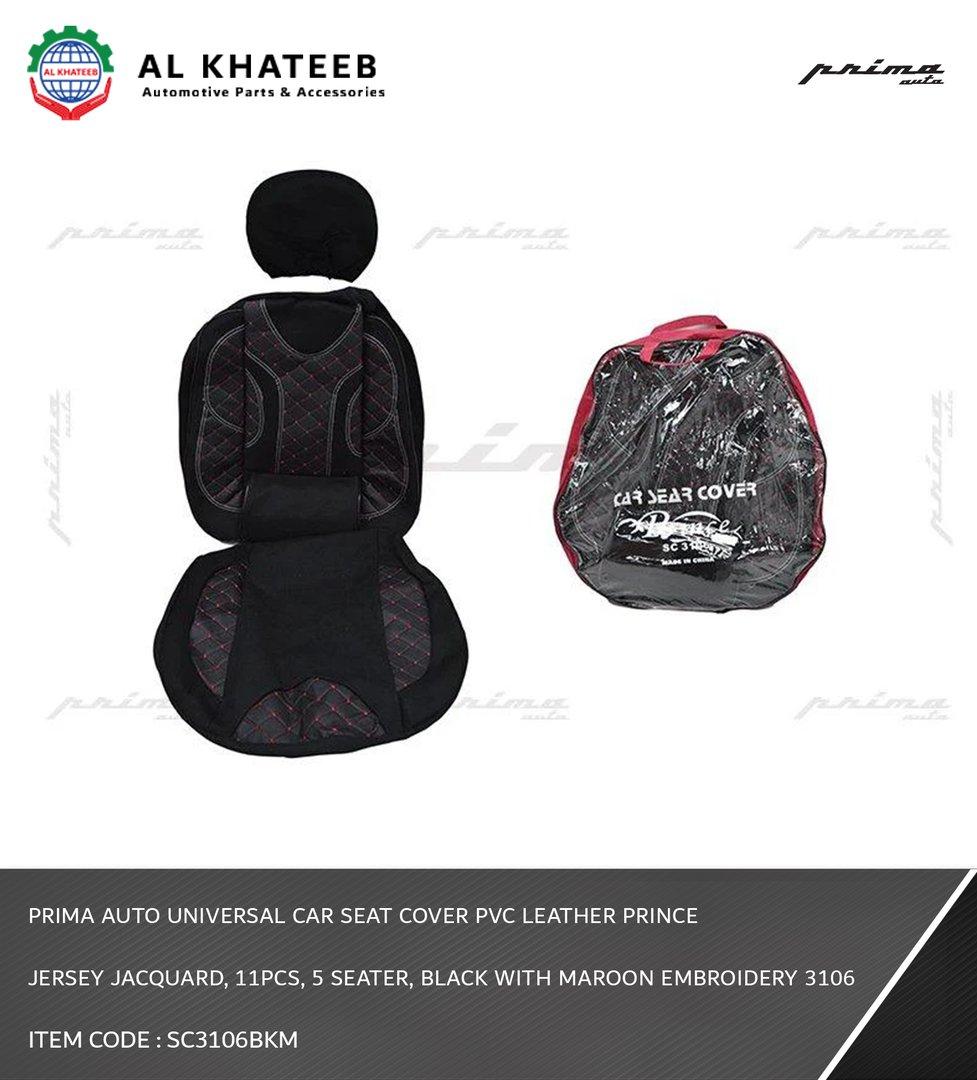 Auto Universal Car Seat Cover PVC Leather Prince Jersey Jacquard, 11Pcs, 5 Seater, Black With Maroon Embroidery 3106