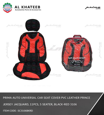 Auto Universal Car Seat Cover PVC Leather Prince Jersey Jacquard, 11Pcs, 5 Seater, Black-Red 3106