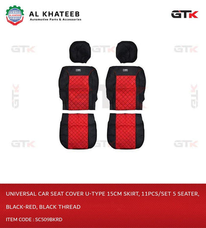 Universal Car Seat Cover U-Type 15Cm Skirt, 11Pcs/Set 5 Seater, Black-Red, Black Thread