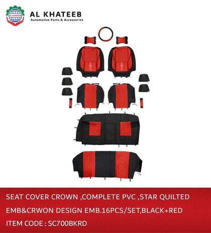 Seat Cover Crown Complete PVC Star Quilted EMB& Crown Design Emb 16PCS/SET Black+Red
