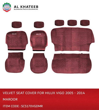 Car Seat Full Cover Velvet Hilux Vigo 2005-2014, 10PCS Set, 5 Seater, Maroon