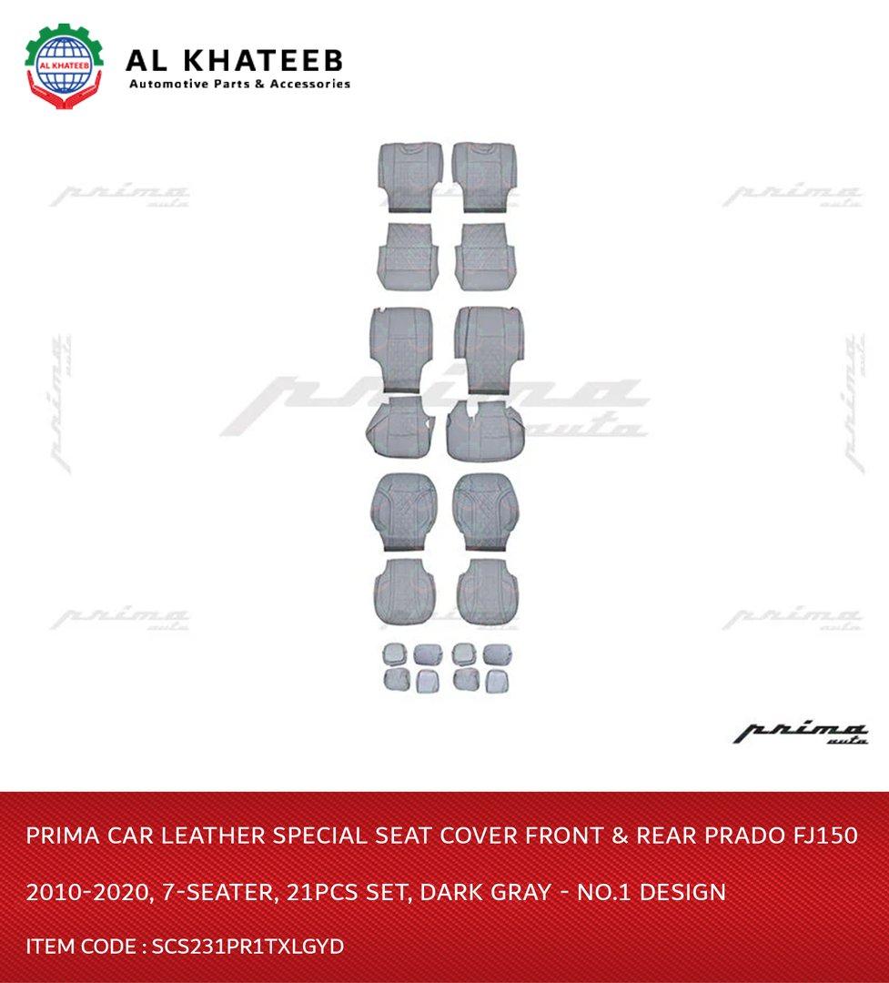 Car Leather Special Seat Cover Front & Rear Prado Fj150 2010-2020, 7-Seater, 21Pcs Set, Dark Gray - No.1 Design